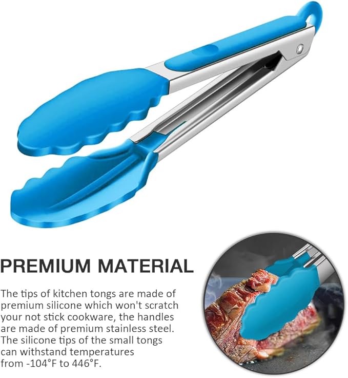 Small Serving Tongs Set of 3, Mini Tongs (7 inch) with Silicone Tips and Stainless Steel Handle, Great for Steaks, Salads, Vegetables(Blue)