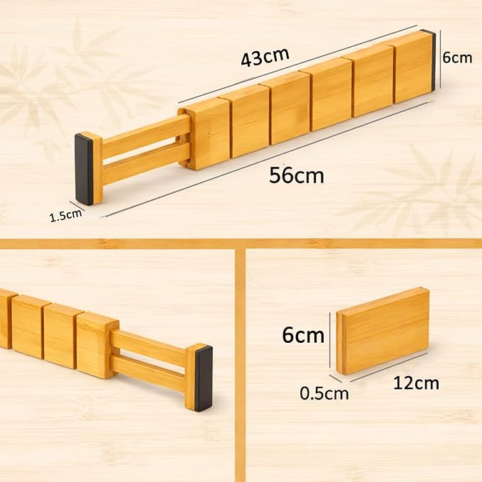 6 Pack Bamboo Drawer Dividers, Adjustable 17–22 Inch Expandable Drawer Organizer for Kitchen, Dresser & Closet, Bamboo Kitchen Drawer Organizer, Drawer Divider Set with 12 Inserts
