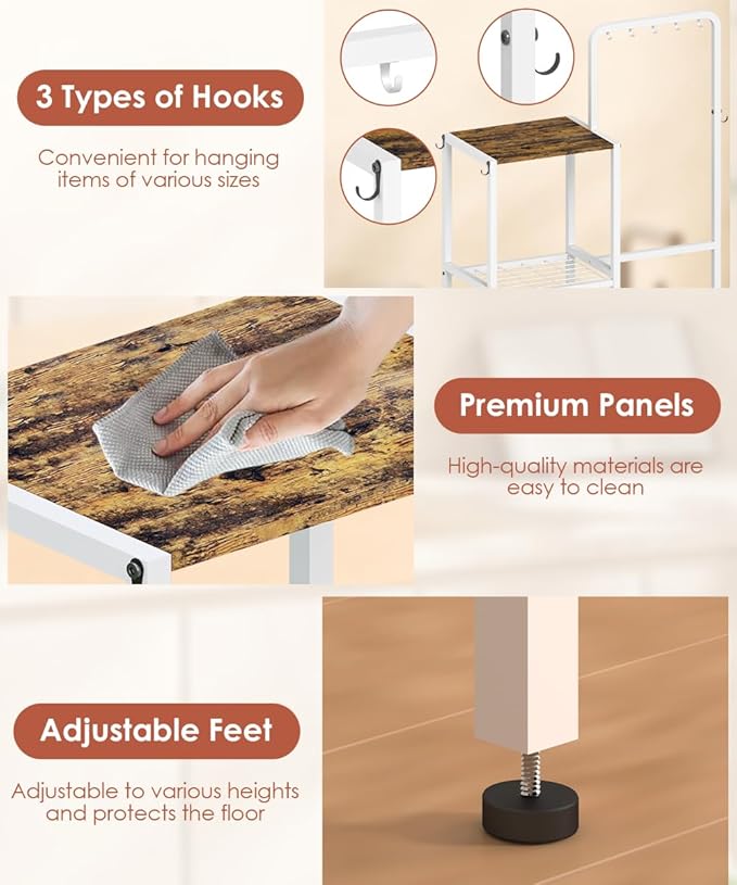 mocomax Kitchen Stand Shelf with Storage, 3-Tier Utility Baker's Rack for Spices, Adjustable Coffee Bar Station with 8 Hooks, Space-Saving Microwave Oven Stand for Pots, Pans & Utensils, White