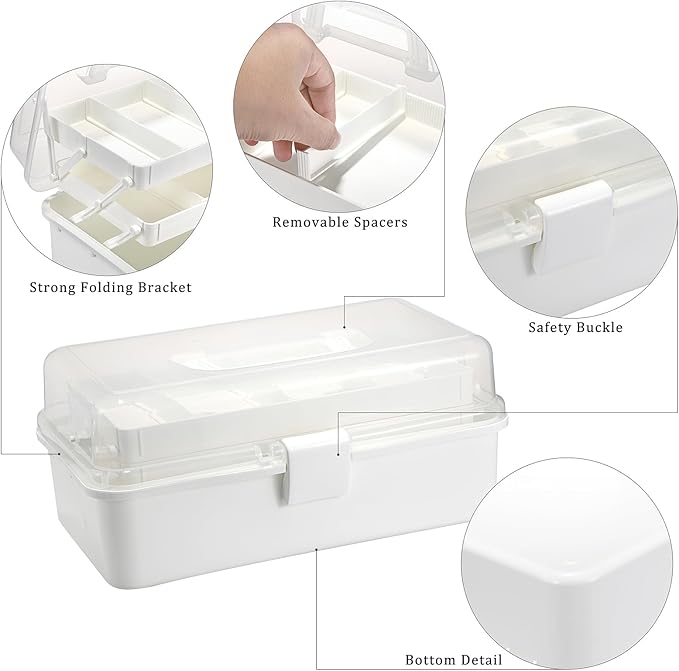 BTSKY 3-Layer Plastic Dividing Storage Box Craft Organizer with Adjustable Spacers Portable Handled Art Supply Organizer Multipurpose Home Utility Box for Medicine Box Sewing Box (Beige White)