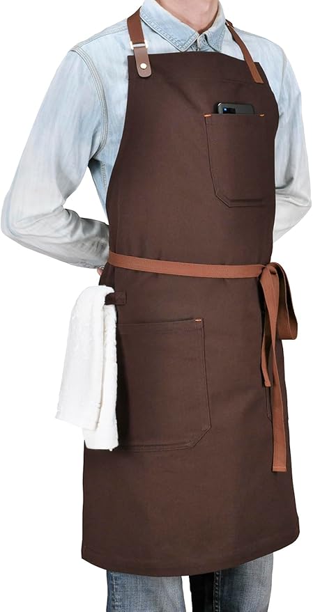 Chef Apron with Pockets, Professional Kitchen Cooking Grill BBQ Baking Apron for Men Women, Bib with Towel Loop and Adjustable Neck Strap (Brown)