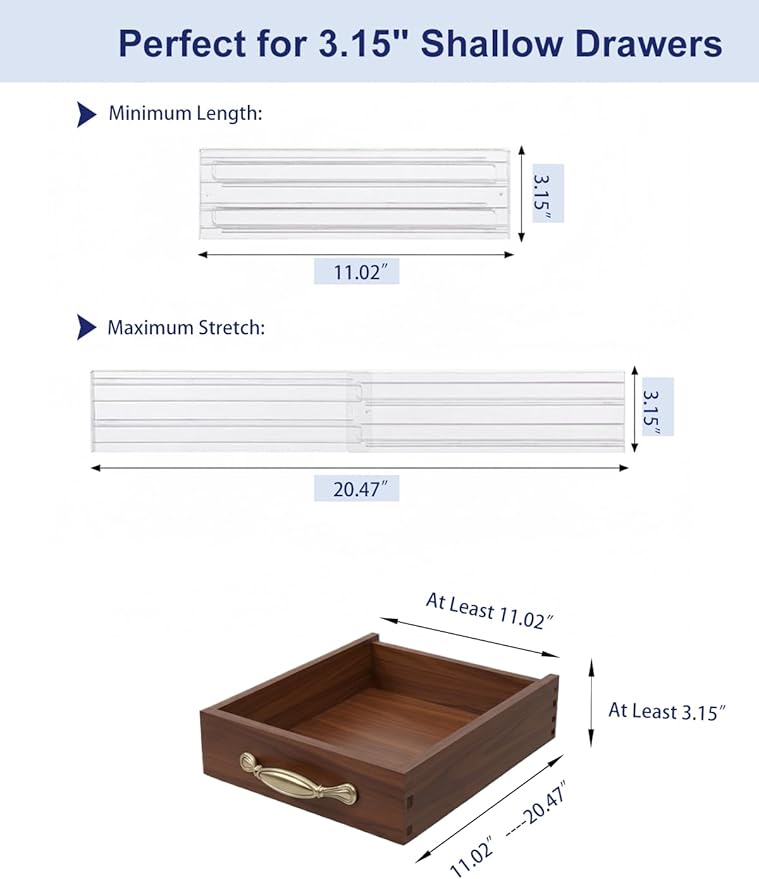 Clear Drawer Dividers with Non-Slip Adhesive, 5 Pack Adjustable Drawer Dividers for Clothes & Makeup, 3.15" Deep Plastic Drawer Separators for Dresser, Baby Nursery & Bathroom Cabinet