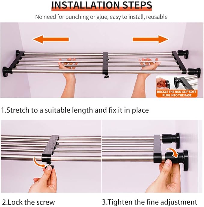 Hershii Expandable Closet Tension Shelf Rod Adjustable Metal Storage Rack Cabinet Organizer DIY Divider Separator Shelves for Wardrobe Cupboard Kitchen Bathroom, Black, 39.76-60.03inches