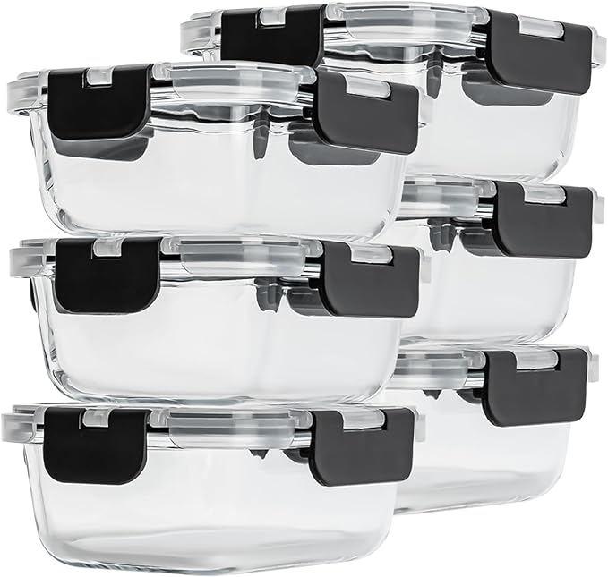Glass Food Storage Containers with Lids Set of 6, 22 OZ Glass Meal Prep Containers for Lunch, Microwave, Oven, Freezer & Dishwasher Safe, BPA-Free