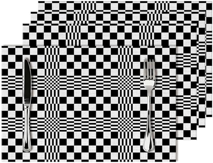Modern Checkered Linen Placemats Set of 4, Retro Black & White Geometric Patterned Place Mats for Dining Table, Kitchen, Party, 12 x 18 Inch Non-Slip Heat Resistant White Black Table Mats, Home Decor