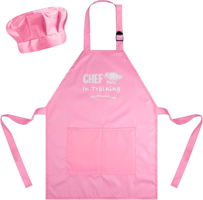 Kids Apron and Chef Hat Set Adjustable Child Aprons with 2 Large Pockets for Girls Boys Cooking Baking Painting Gift