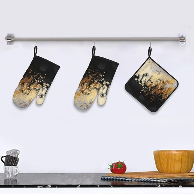 3 - Piece Black Gold Abstract Art Oven Mitts and Pot Holders Sets, Modern Decorative Black Gold Oven Gloves and Hot Pads Heat Resistant for Kitchen Cooking Baking Grilling, Gift for Women, Home Decor