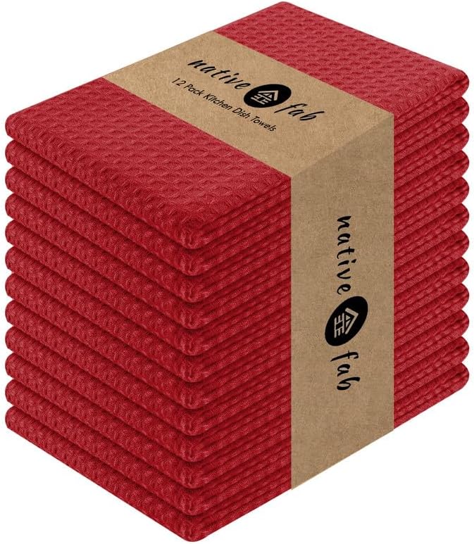 Native Fab Waffle Weave Dish Towels 12 Pack, 100% Cotton Kitchen Dishcloths with Hanging Loop, 16x26 Inches, Super Absorbent, Quick Dry for Kitchen Cleaning, Drying Dishes, Red