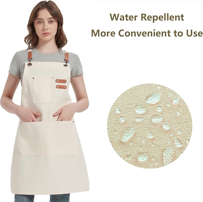 AFUN Chef Aprons for Women Men with Oversized Pockets, 12-Ounce Cotton Canvas Cross Back Water Repellent Apron (Cream)