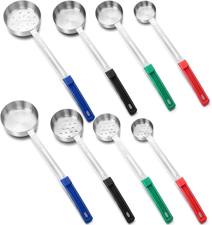 Teenyyou 8 Pcs Portion Control Serving Spoons Portion Scoops Cups Solid and Slotted Stainless Steel Ladle Spoon for Food, Serving Utensils Set for Parties(4 Colors,4 Sizes)