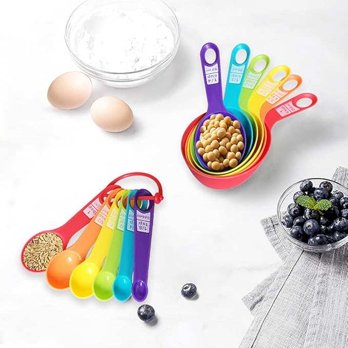 12 Piece Measuring Cups and Spoons Set, Colored Kitchen Measure Tools, Durable Nesting Cups and Spoons for Dry and Liquid, Dishwasher Safe (10)