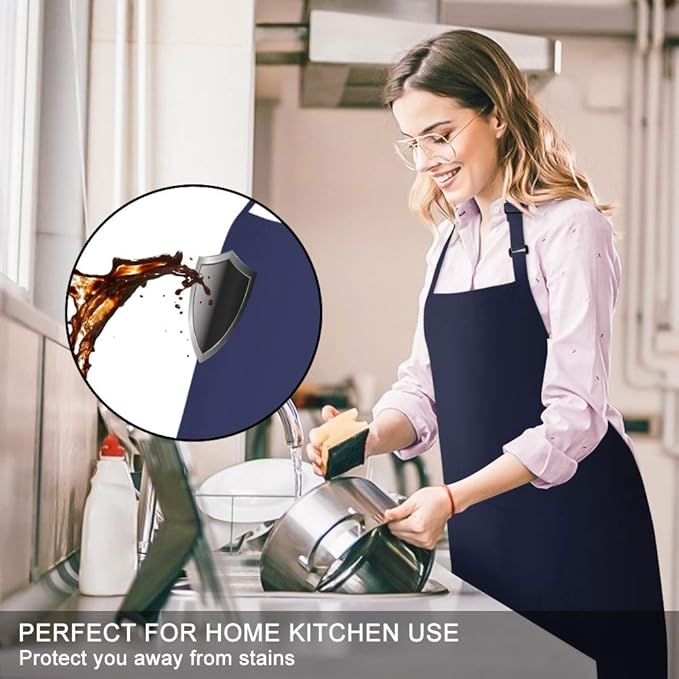 Jubatus 2 Pack 100% Cotton Aprons with 2 Pockets Cooking Chef Kitchen Adjustable Bib Apron for Women Men, Navy Blue