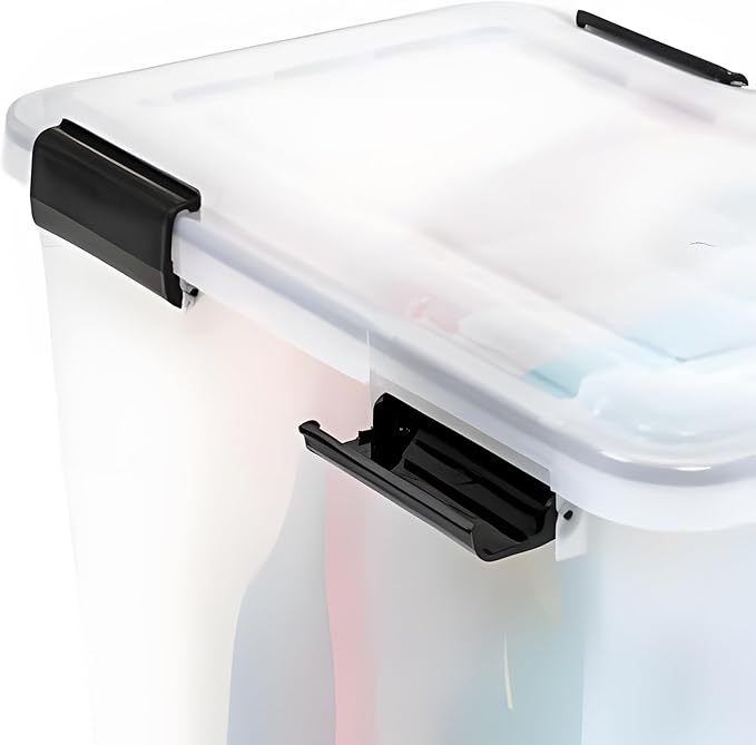 IRIS USA WeatherPro 47 Qt Storage Bins with Lids, 2 Pack, BPA-Free Plastic Gasket Box with Tight Latch and Seal, Stackable Nestable Tote Tub - Clear/Black