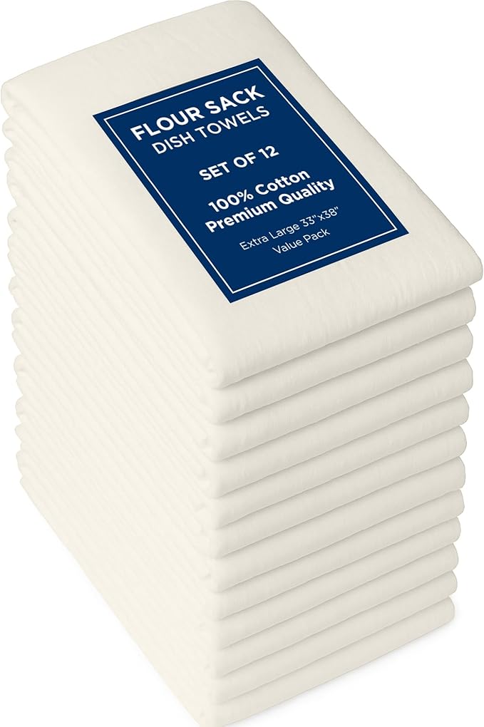 ROYALE LINENS Flour Sack Towels – 12 Pack 33x38 Inch Natural Kitchen Dish Towels – 100% Cotton Tea Towels for Bread Proofing, Cheese Straining, Baking, Cleaning, Drying, Embroidery, Multipurpose Use