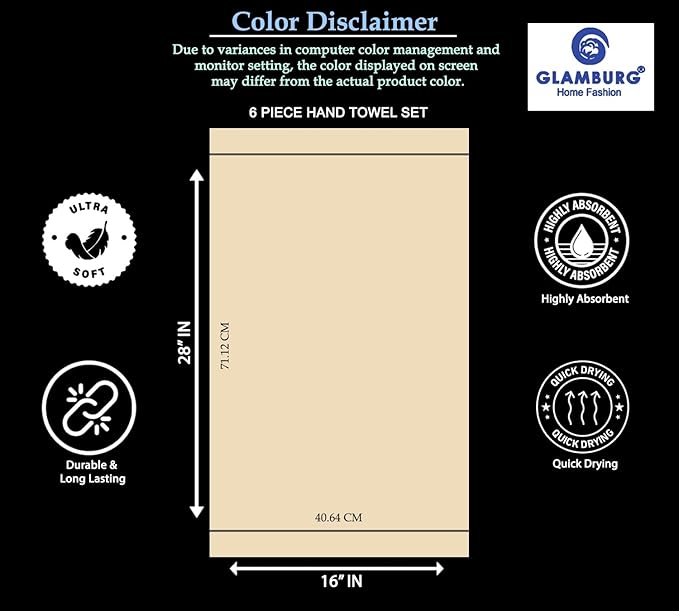 GLAMBURG Ultra Soft 6-Piece Hand Towel Set 16x28-100% Ringspun Cotton - Durable & Highly Absorbent Hand Towels - Ideal for use in Bathroom, Kitchen, Gym, Spa & General Cleaning - Navy Blue