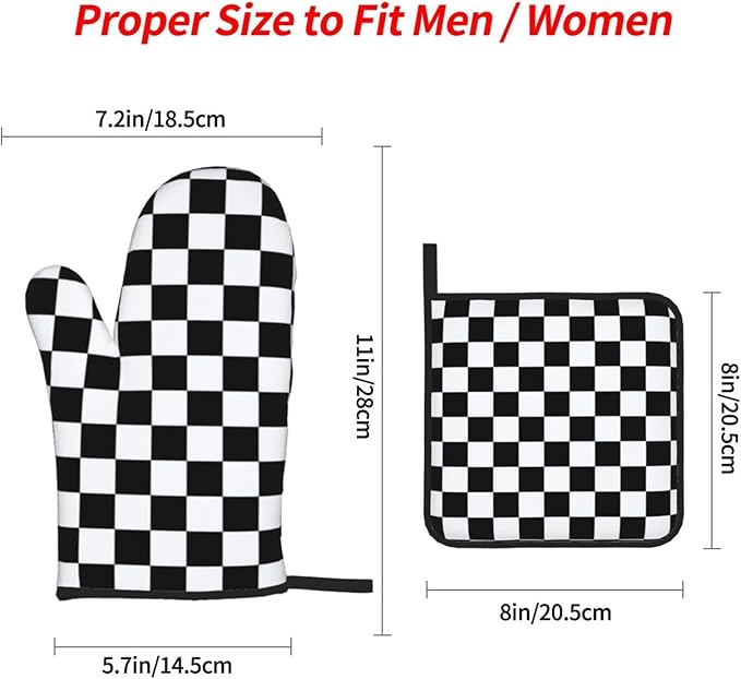 Checkered Black and White Plaid Oven Mitts and Pot Holders Set of 4,Heat Resistant Non-Slip Potholders Oven Gloves and Pad for Kitchen Cooking Baking Grilling BBQ