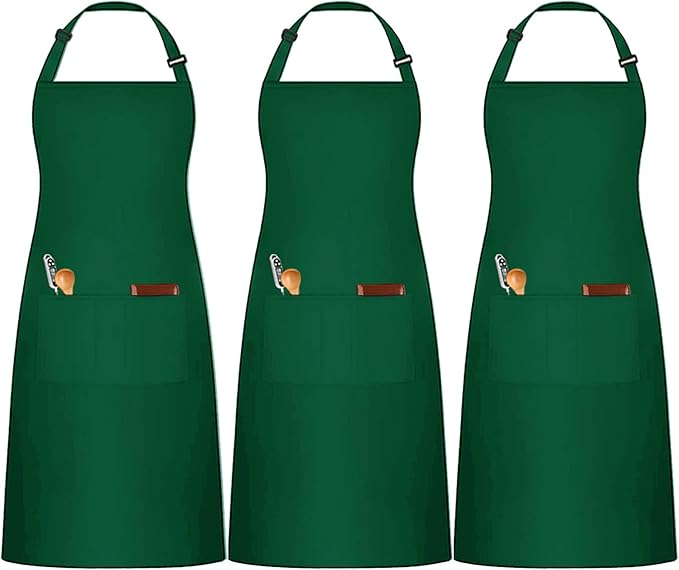 3 Pack Black White Chef Apron, Adjustable Kitchen Apron with 3 Pocket for Men Women Waitress Waiter Serve (Polycotton)