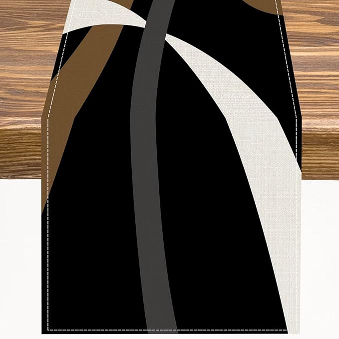 Abstract Geometric Table Runner Brown Grey and White Striped Black Background Modern Kitchen Dinner Runner for Indoor Home Living Room Party Dining Table Decoration 13"x36"