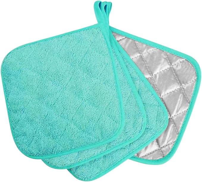 meioro 4-Pack Pot Holders for Kitchen High Heat Resistant Potholder, 100% Cotton Hot Pads, Quilted Terry Hot Pot Holder Set for Kitchens, Washable Trivet for Cooking and Baking 7x7 Inches (Aqua)