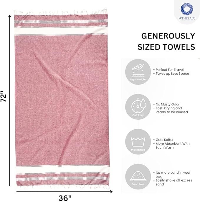 Cotton Turkish Beach Towel with Towels Oversized 36"x72" Pool Absorbent Extra Large Quick Dry Sand Travel Towel (Tomato Red, 2 Pack)