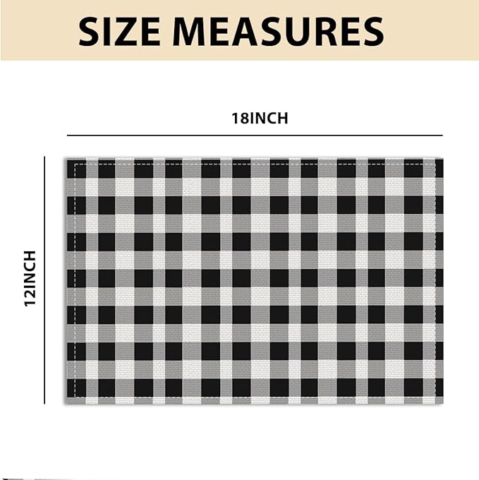 Black and White Placemats Set of 4, Buffalo Plaid Linen Placemats 12x18 Inch, Washable Heat Resistant Wipeable Table Mats for Outdoor Home Party Kitchen Dining Table,Black and White Linen Place mats