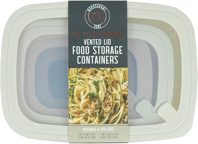 Set of 4 BPA Free Food Storage Containers with Vented Lids Assorted Sizes, Microwave & Freezer Safe, Leftovers, Meal Prep, Fridge Organization Dry Grains Storage by Dependable Industries Inc. (Ivory)