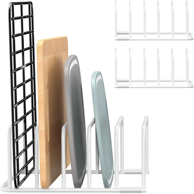 Fikoksol Cutting Board Organizer and Baking Sheet Rack, [2-Pack] White Heavy Duty Metal Cookie Sheet Organizer for Cutting Board Storage & Plate Holder for Cabinet, Tray Dividers for Cabinets