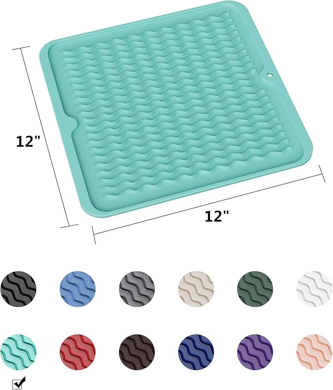 ZLR Silicone Dish Drying Mat 12" x 12" Square - Small Heat Resistant Trivet & Countertop Protector for Air Fryer, Coffee Maker - Waterproof Kitchen Drain Pad for Cups, Fruit (Mint Green)