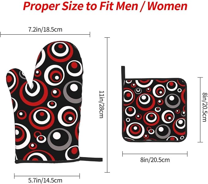 Retro Red Circles Oven Mitt and Pot Holder Set (3-Piece) - Heat Resistant Non-Slip Modern Geometric Gloves Gift for Chef Cooking Baking Grilling BBQ Lovers, Stylish Kitchen Decor, Red White Black Grey