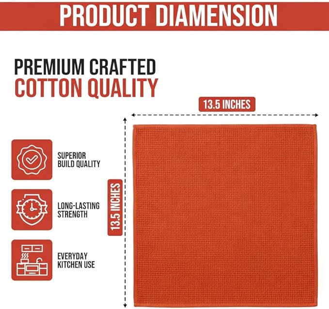 100% Cotton Waffle Weave Kitchen Dish Cloths 6-Pack– Ultra Absorbent & Quick Dry Cleaning Towels for Dishes, Counters & Kitchen Use – Soft, Durable & Lint-Free13.50 X 13.50 inches (Red)