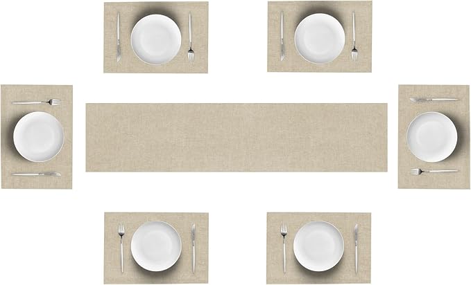 Linen Table Runner and Placemats Set of 6, Farmhouse Style Tabletop Collection, Thick Double Layer Heat-resistand Table Mats for Kitchen, Dining, Holiday Party by Auscmu TC/ Cream