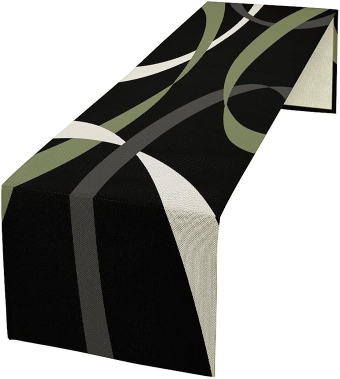 Abstract Geometric Table Runner Sage Green Grey and White Striped Black Background Modern Kitchen Dinner Runner for Indoor Home Living Room Party Dining Table Decoration 13"x72"