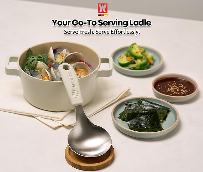 Short Stainless Steel Ladle 220mm (8.6”) – SUS304 Thick Deep Bowl Head with Soft-Grip Silicone Handle – Lightweight Mini Soup & Serving Spoon for Cooking – 5 Color Options (Ivory)