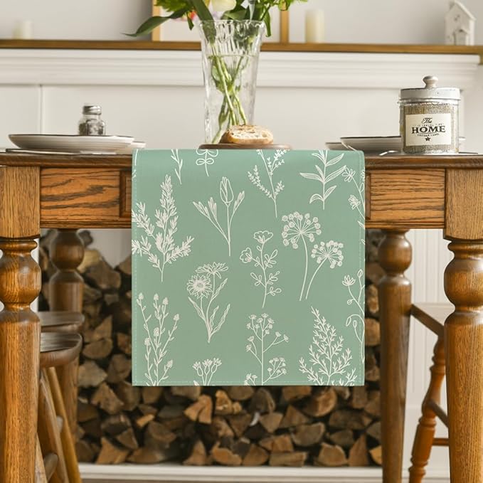 Artoid Mode Sage Green Leaves Flowers Spring Table Runner, Seasonal Kitchen Dining Table Decoration for Home Party Decor 13x90 Inch