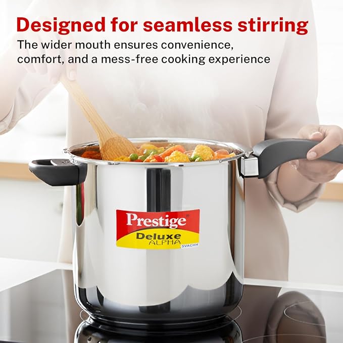 Prestige Deluxe Alpha Svachh Stainless Steel Pressure Cooker with Alpha Base and Deep Lid for Spillage Control, (10 Liter)