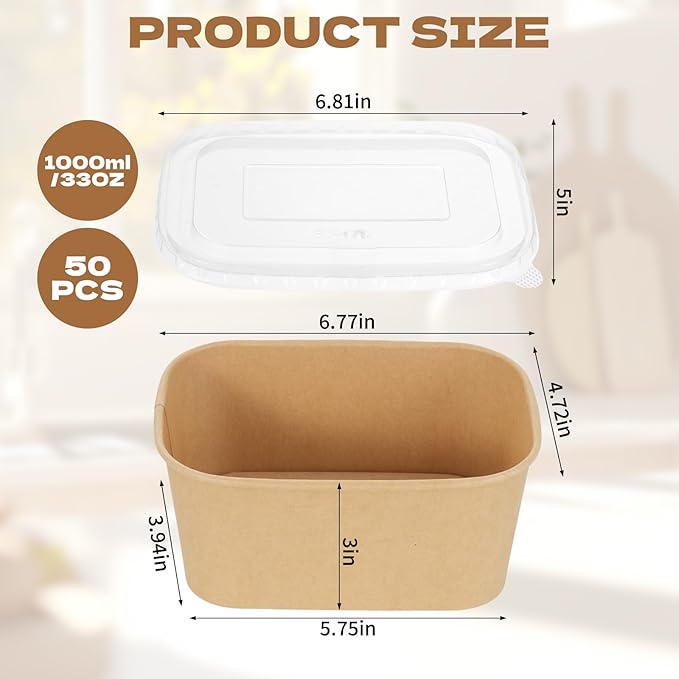 50 Pack 33oz Disposable Kraft Paper Bowls with Lids, Rectangle Meal Prep Containers Bulk, Large Paper Salad Bowl, Leakproof Food Containers Treat Soup Serving Bowls, Microwave Safe for Hot/Cold Food