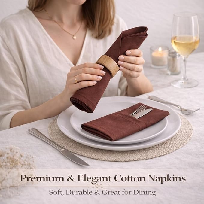 Marubhumi Cotton Cloth Dinner Napkins Set of 12, 18x18 Natural Premium Quality Mitered Corners Cotton Blend Wedding and Cocktail Napkins, Machine Washable (Brown)
