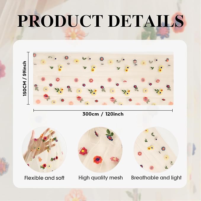 Artoid Mode Champagne Embroidery Daisy Spring Gauze Table Runner 59x120 Inch 10FT, Seasonal Sheer Kitchen Dining Holiday Wedding Birthday Table Decor for Home Party
