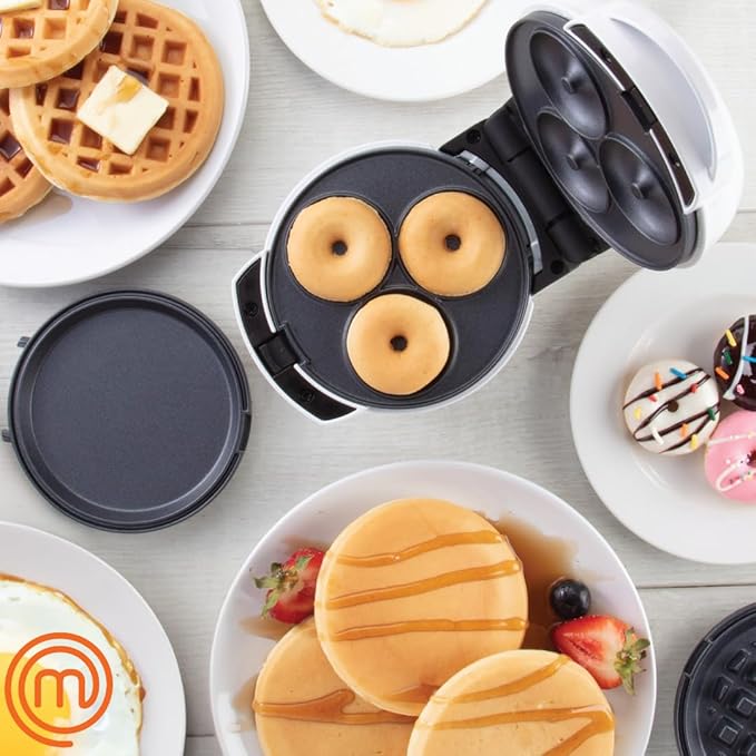 MasterChef 3-in-1 Mini Breakfast Maker- Make Eggs, Pancakes, Donuts, Waffles & More in 1 Easy to Use Appliance! 3 Removable Non-Stick Cooking Plates for Quick Cleaning & Storing- Compact Baker Cooker