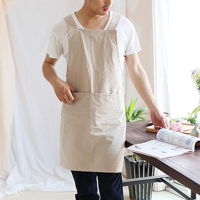 NEWGEM Japanese Cotton Linen Cross Back Cooking Apron for Women Men with Pockets Cute for Baking Kitchen