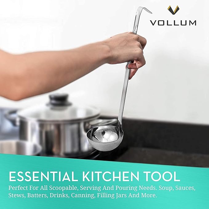 Vollum 1-Piece Ladle Heavy Duty Thick Stainless Steel - 12 Ounce (4.5" Bowl Diameter, 16" Handle Length)