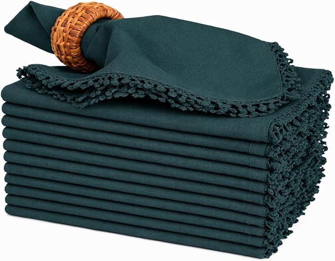Bedding Craft Cotton Cloth Dinner Napkins Set of 12 – 18x18 Magical Forest with Decorative Lace Selvedge – Elegant Machine Washable Fabric Napkins for Weddings, Parties, Baby Showers & Dining