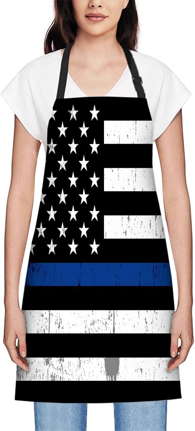 oFloral Retro Thin Blue Line Flag Apron Unisex Adjustable Bib Apron, Cooking Kitchen Chef Apron, Women Men Apron for Home Kitchen, Restaurant, Coffee house