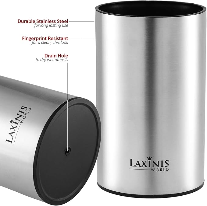Laxinis World Stainless Steel Kitchen Utensil Holder, Kitchen Caddy, Utensil Organizer, Round Shape Utensils Crock, 7" by 4.3" (utensils not included)