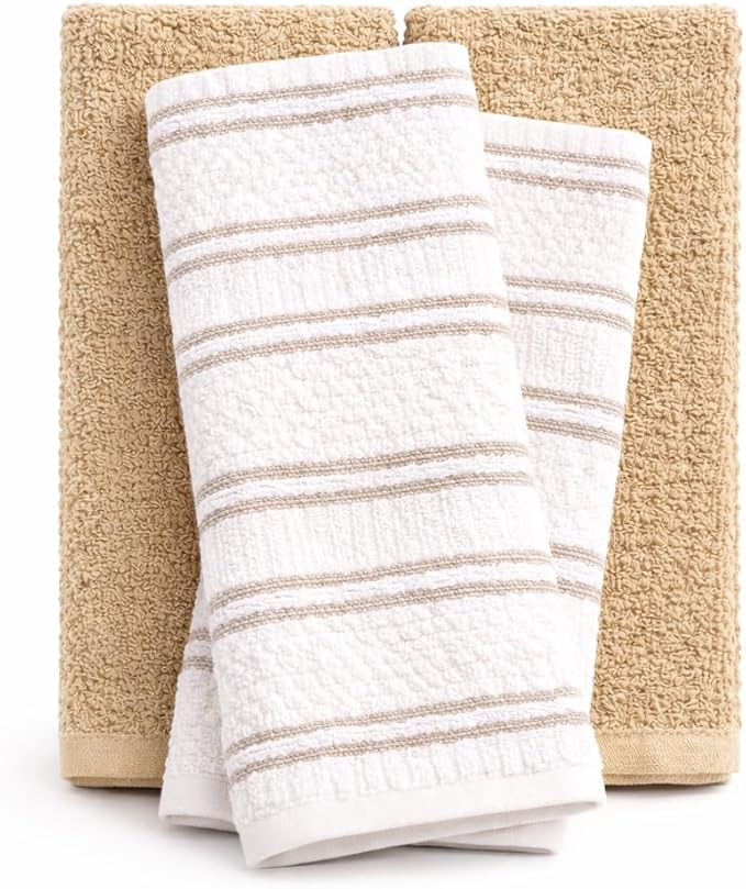 MosJos Kitchen Towels, Set of 4 Hand Towels Cotton Waffle Weave Taupe and White Dish Cloths 18 x 28 Super Absorbent and Striped Design