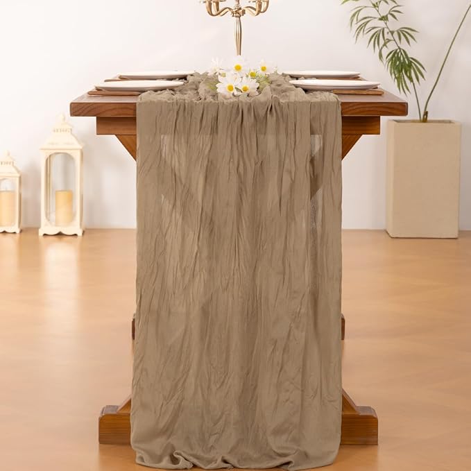 Socomi 2pcs Nude Brown Cheesecloth Table Runner Easter Spring Boho Rustic Gauze 120 inch 10FT Cheese Cloth Runner for Wedding Party Baby Shower Birthday Home Decor Holiday Decorations