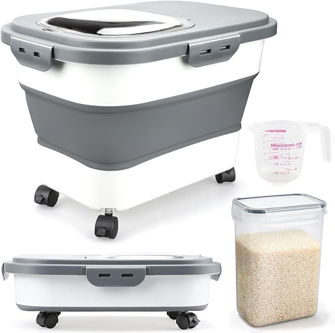 Komzon Rice Storage Containers, Collapsible 20 to 30Lbs Food Storage Bin Dispenser with Rolling Wheel and Clear Airtight Lid, BPA Free Flour, Sugar, Cereal and Dog Cat Pet food Containers