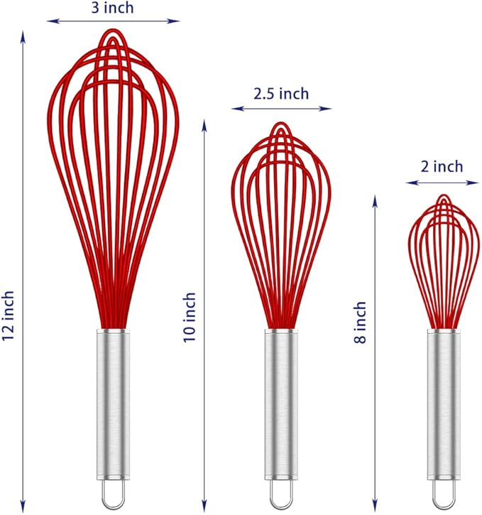 OYV Silicone Rubber Whisk,Premium Whisks For Cooking Non Scratch,Stainless Steel & Silicone Wisk For Nonstick Cookware Pans, High Heat Resistant kitchen Whisks set of 3,Red