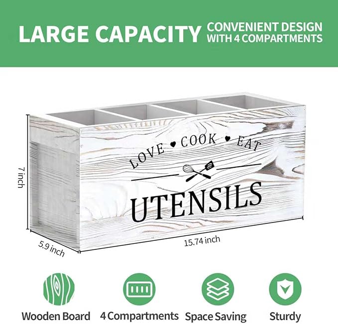 Extra Large Kitchen Utensils Holder with 4 Compartments, Wooden Storage Utensil Holder Organizer for Counter or Countertop, Farmhouse Decor, Rustic Cooking Utensil Kitchen Tool