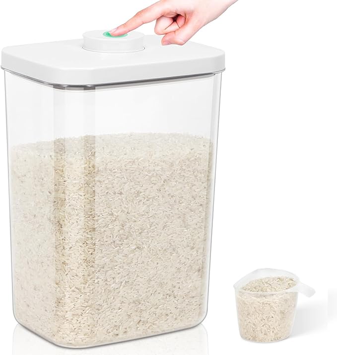 TBMax Large Airtight Food Container 6 Qt with Pop Up Lid & Measuring Cup for Rice, Flour, Cereal, Sugar, or Pet Food Storage, Rectangular Tall Food Storage Bin for Kitchen Pantry Organization